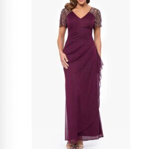 Woman's Burgundy Xscape Beaded Sleeve Ruched Gown